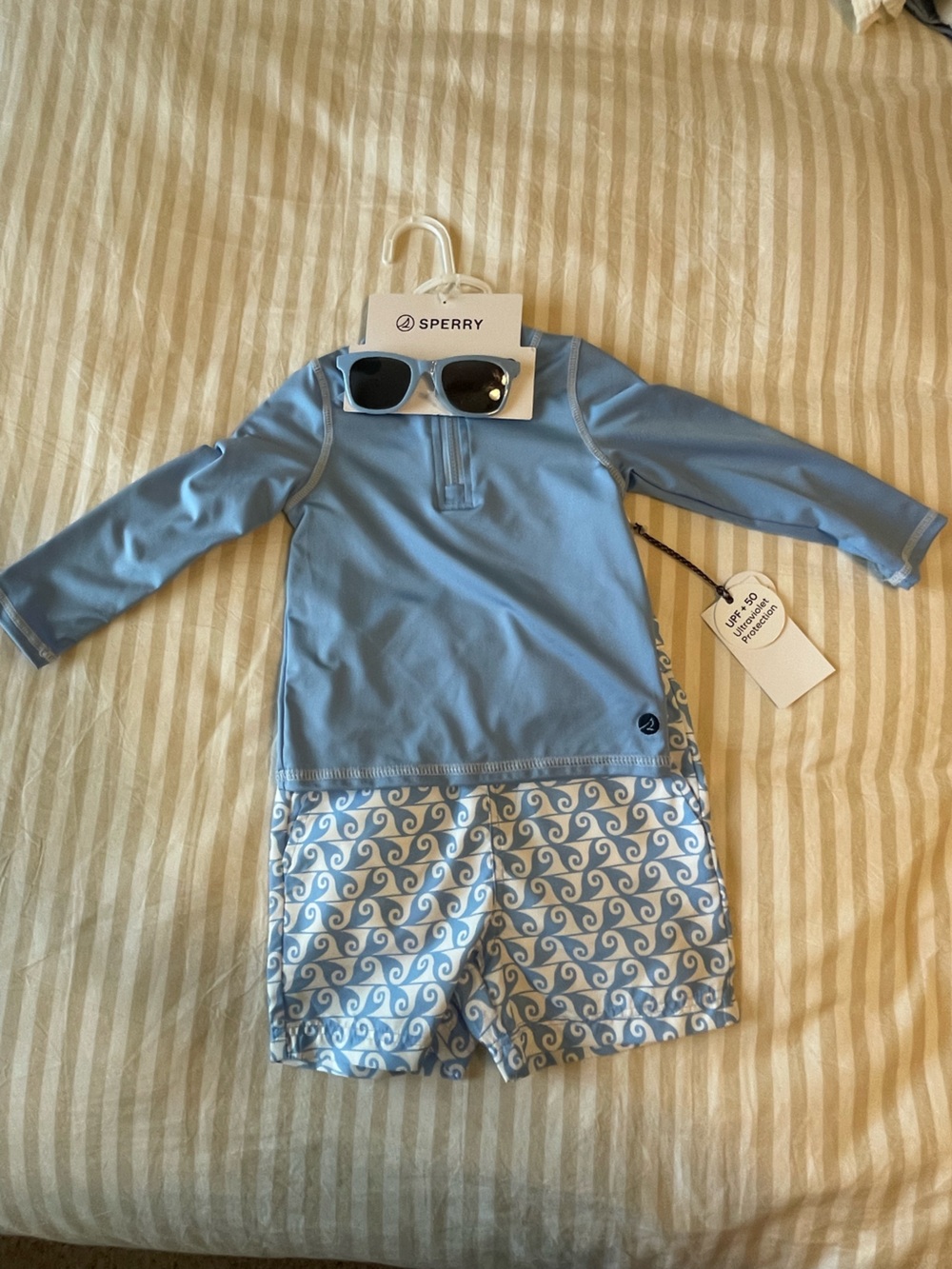 Sperry Kids Light Blue Long-Sleeve Rash Guard Swim Trunks and Sunglasses Set